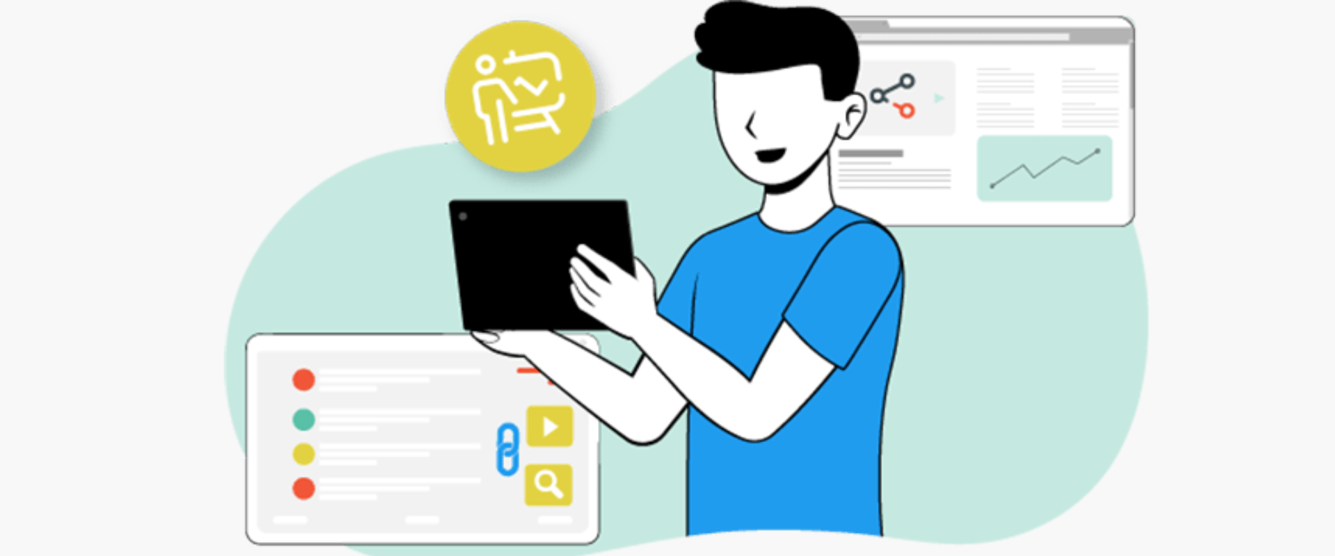Un gráfico de una persona con una tablet